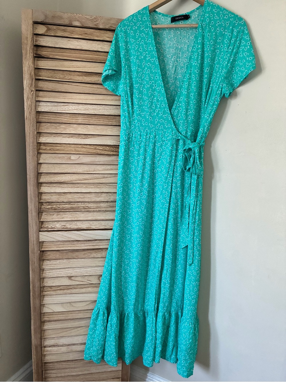 ZESICA Teal Green Floral Print Wrap Maxi Dress Short Sleeve Ruffle Hem Large